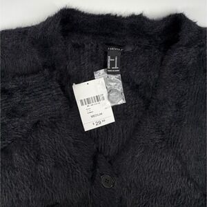 FOREVER 21 Black Fuzzy Knit Cardigan Sweater Button Front Pockets Size Medium